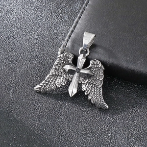 Vintage wing cross pendant in titanium steel with black zircon stone for men