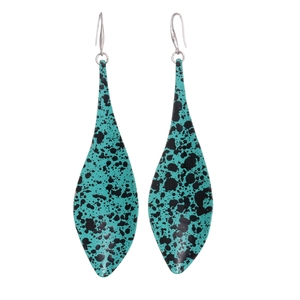 Bohemian style teal teardrop earrings with black speckled finish and hook style design