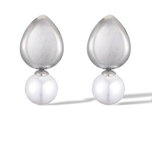 Macro detail of silver brushed teardrop studs with white round pearls on white background