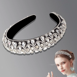 Baroque style wide headband with sparkling clear crystals on black base and model view