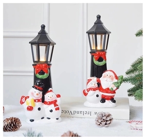 Detail of Christmas lantern decor with Santa and Snowman in a cozy winter snow scene