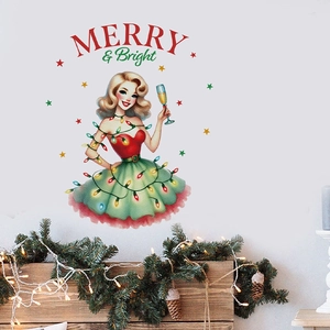 Retro Christmas wall decals with Merry and Bright text and vintage female characters