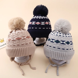 Winter boys knit earflap hat with diamond pattern and pompom in navy beige and grey