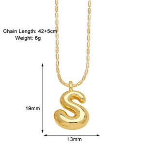 Detail of gold bubble letter S pendant with 19mm height and 42+5cm chain specifications
