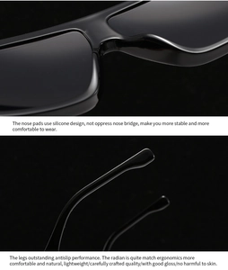 Detailed view of silicone nose pads and ergonomic anti-slip temples on black sunglasses