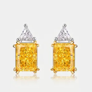Elegant 925 Sterling Silver Radiant Cut Yellow Zirconia Stud Earrings For Women Luxurious Geometric Jewelry Gift