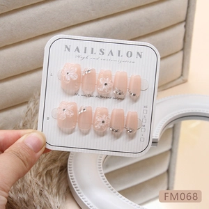 Pink cat-eye press-on nails set with 3D handmade white flowers and crystal accents