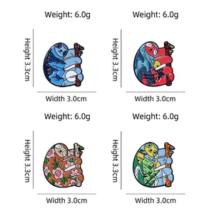 Cartoon sloth enamel pins in four creative artistic patterns on a white background