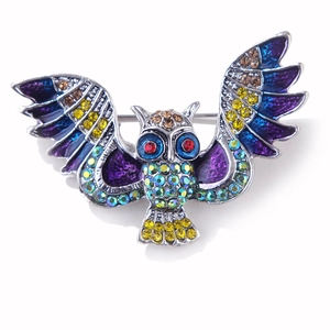 Broche hibou vintage en émail coloré et strass brillants sur un fond blanc pur