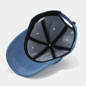 Internal view of blue cotton denim baseball cap showing sweatband and stitching details