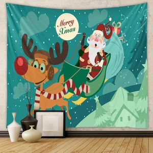 Detail of Christmas tapestry showing Santa on a sleigh with Merry Xmas text on wall