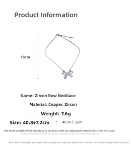 Detailed view of the zircon bow necklace dimensions and copper material specifications