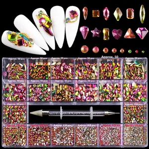 Detail of 21-grid nail art rhinestone kit including assorted shapes and AB crystals
