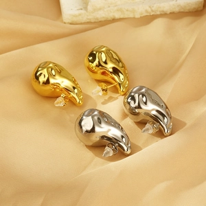 Boucles D Oreilles Goutte D Eau Acier Inoxydable Plaqué Or 18K Texture Bosselée Creux Métal Liquide Bijoux Femmes