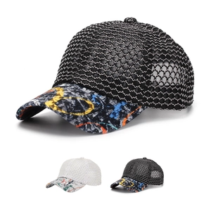 Unisex Mesh Baseball Cap Breathable Polyester Hat With Artistic Graffiti Printed Brim Adjustable Sun Protection Casual