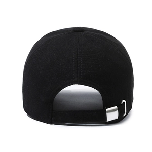 Adjustable black cotton baseball cap with silver metal buckle and minimalist embroidery