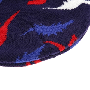 Navy blue knitted dinosaur beanie for boys with detailed jacquard pattern texture