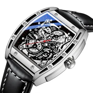 Tonneau Men Quartz Watch Skeleton Dial Luminous Waterproof Leather Strap Calendar Fashion Business Wristwatch