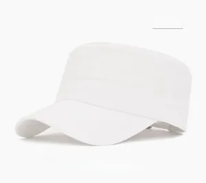 Detail view of the breathable mesh fabric and flat top structure of this white cadet cap