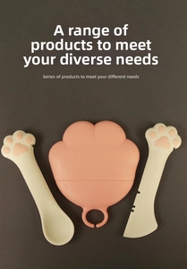 Three-piece macaron silicone cat paw spoon set and pet food lid on grey background
