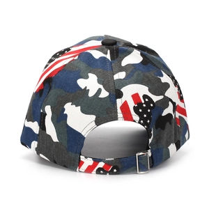 Detail of camouflage baseball cap back with US flag print and metal buckle adjustment