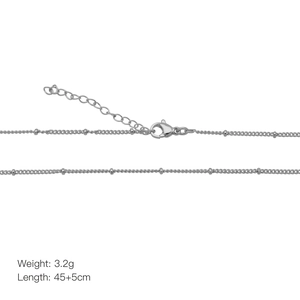 Detail of silver satellite chain with lobster clasp and adjustable 5cm extension