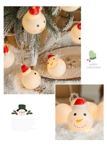 Close-up of LED Christmas snowman light string with warm white glow on festive tree