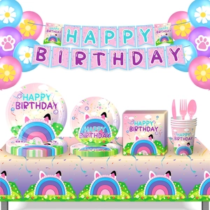 Happy Birthday Party Tableware Pink Cat Ear Rainbow Theme Banner Tablecloth Balloon Napkin Cup Paper Plastic Kids Decor