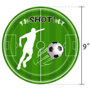 Green 9-inch soccer party paper plate with football player silhouette and Shot text