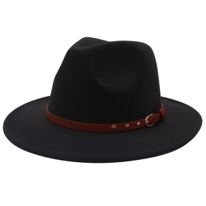 Close-up of black wool felt jazz hat featuring a brown leather belt with gold buckle