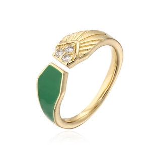 Detail of 18K gold snake ring with green enamel and white zircon stones in profile view