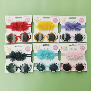 Detail of 6-color baby girl sunglasses set with panda ears and floral headbands