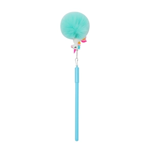 Close-up of creative unicorn pen with a mint green pompom and sky blue barrel