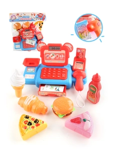 Detailed macro view of electronic kids cash register with barcode scanner and food accessories