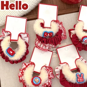 Sweet red plush hair scrunchies set with cute resin bear and polka dot bow accents