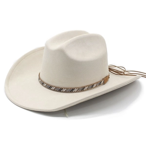 Beige faux suede western cowboy hat featuring beaded band and brown leather tassels