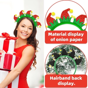 Festive Christmas headband with elf hat and reindeer designs for holiday party decor