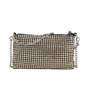 Elegant gold rhinestone crossbody mini bag for girls with silver chain strap and zipper