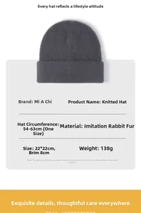 Size chart showing dark grey knitted beanie specifications and soft fuzzy material
