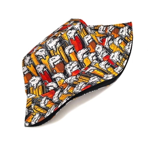 Detail view of bucket hat featuring vibrant beer mug patterns and high-quality stitching
