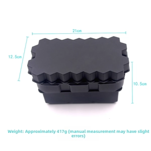 Detail of black silicone ice mold with serrated lid showing 21x12.5x10.5cm dimensions