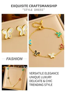 Detailed view of butterfly jewelry set with colorful enamel inlays and gold plating