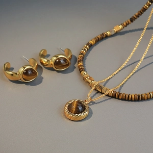 Retro tiger eye beaded necklace and gold earrings set with double layered chain