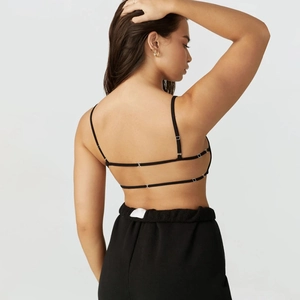 Detail of minimalist black multi-strap sports bra with adjustable metal sliders on back