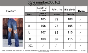 Detailed size guide for women's ripped flare jeans with five key measurement dimensions