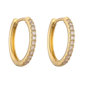 Close-up of gold hinged hoop earrings with pavé set micro cubic zirconia stones