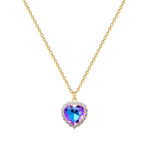 Titanium steel necklace with purple heart pendant and crystal diamonds on white backdrop