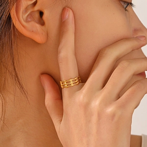 Adjustable golden geometric woven bamboo style hollow ring for women fashion jewelry