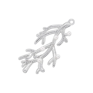 Detailed silver coral branch pendant with textured finish and five small white pearls