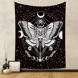 Detailed view of bohemian butterfly moth tapestry with celestial moon phase motifs